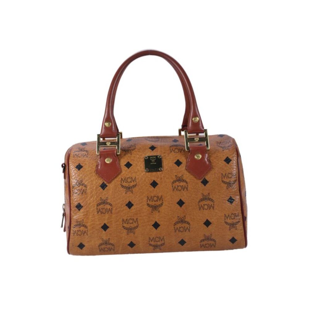 MCM Womens Coated Canvas Monogram Visetos Boston Handbag Cognac